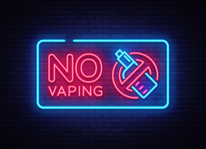 No Vaping neon sign vector template, light banner, bright night illustration, symbol vaping ban, no vaping, electronic cigarette neon.